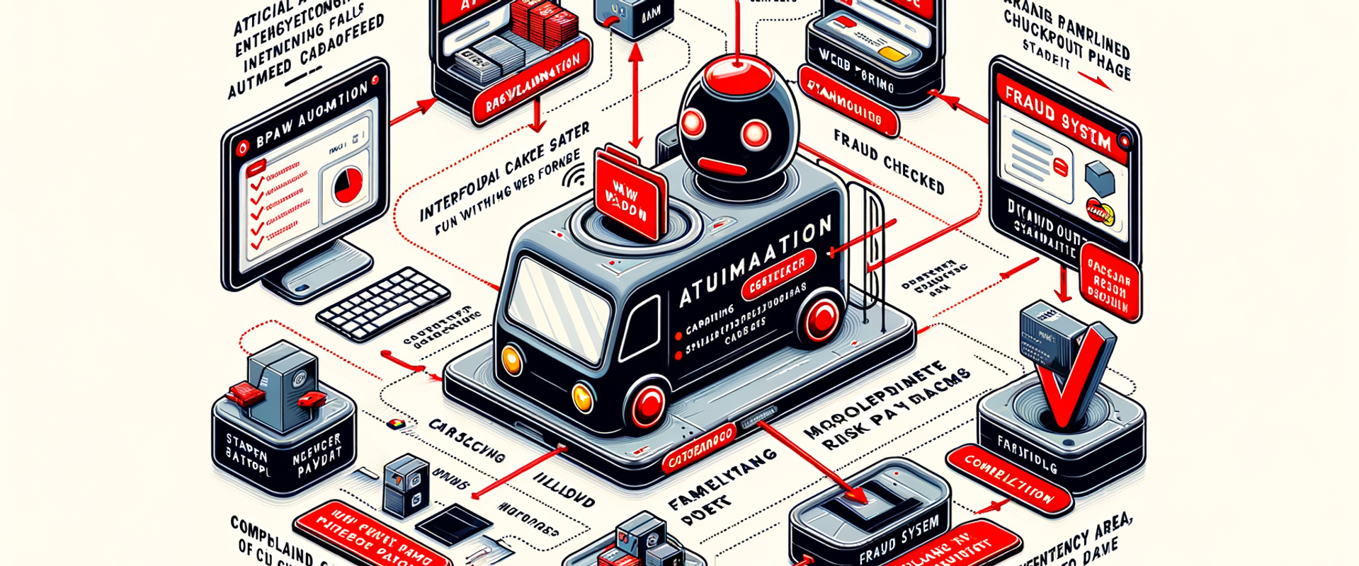 Diagram of flawed AI agent checkout with raw card storage and fraud alerts