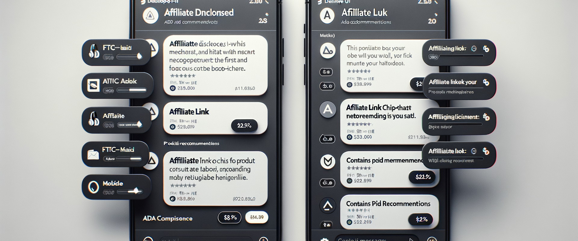 Annotated chat UI demonstrating message-level affiliate disclosures with inline labels and a first-message banner.