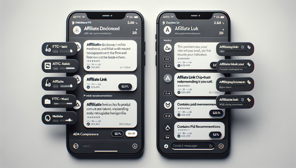 Annotated chat UI demonstrating message-level affiliate disclosures with inline labels and a first-message banner.