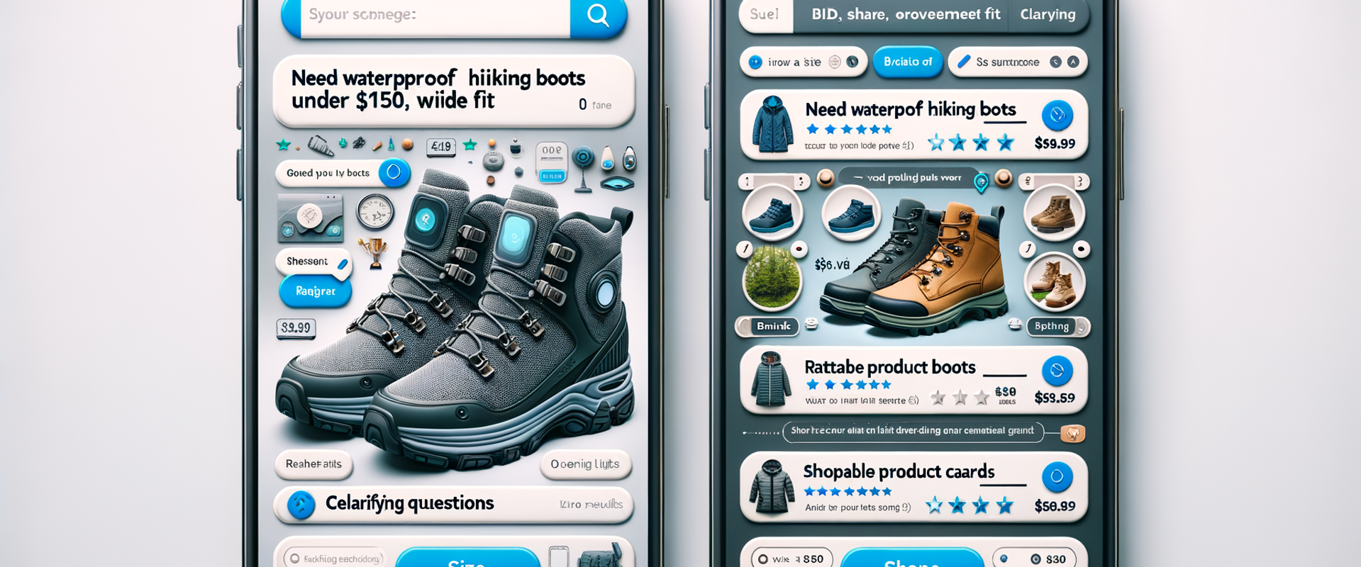 Side-by-side: traditional mobile filters with zero-results vs a conversational chat surfacing relevant products and clarifying questions.