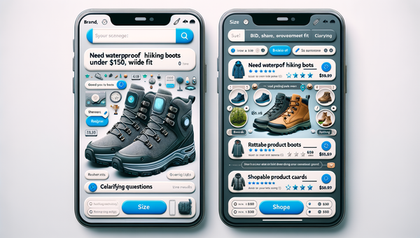 Side-by-side: traditional mobile filters with zero-results vs a conversational chat surfacing relevant products and clarifying questions.