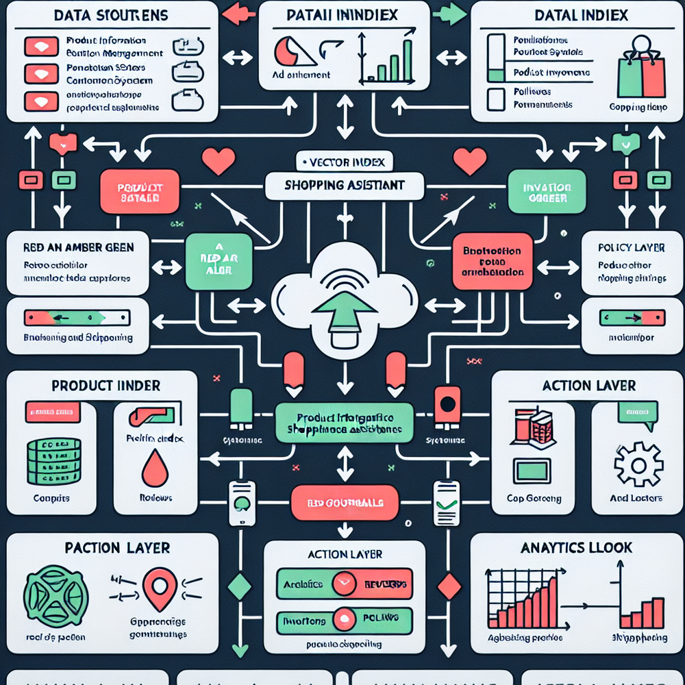 Architecture diagram showing data ingestion, retrieval, policy guardrails, and shopping actions.