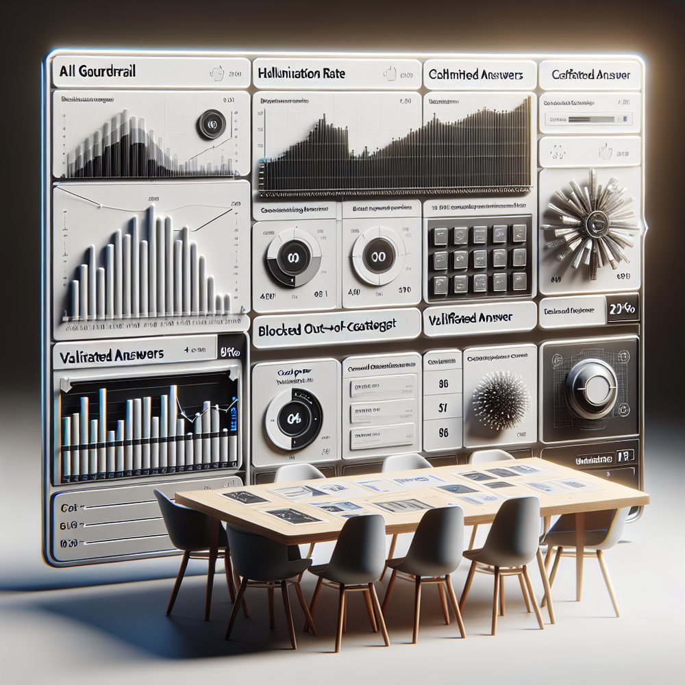 Analytics dashboard showing safety, usefulness, and efficiency metrics for LLM guardrails.