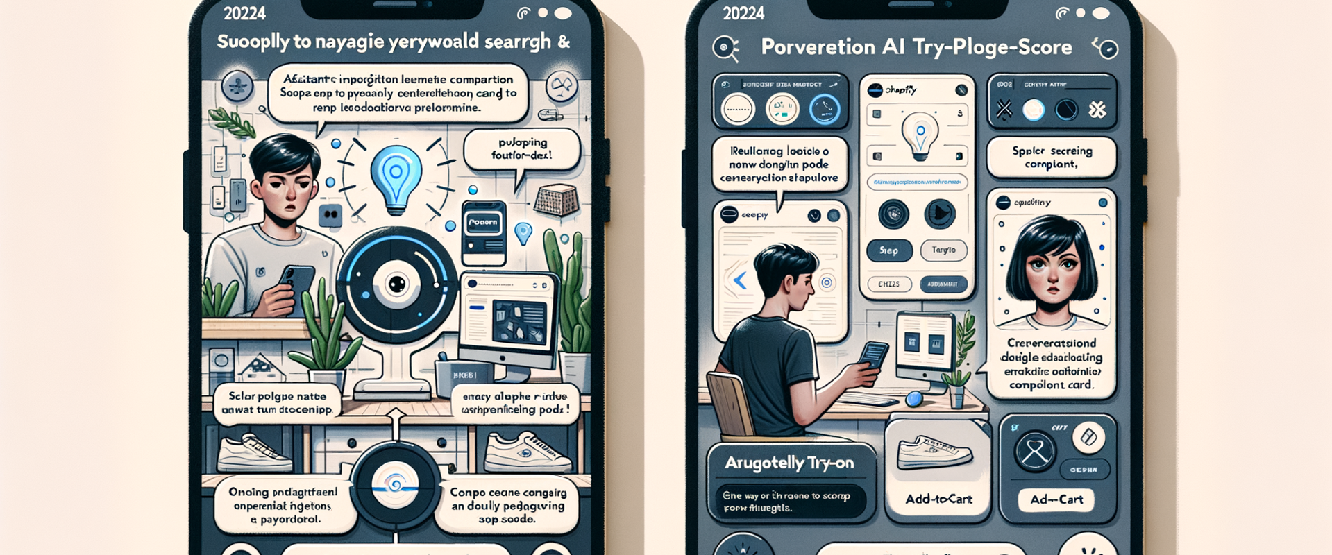 Storyboard: 2024 friction vs. 2026 agentic assistant on Shopify