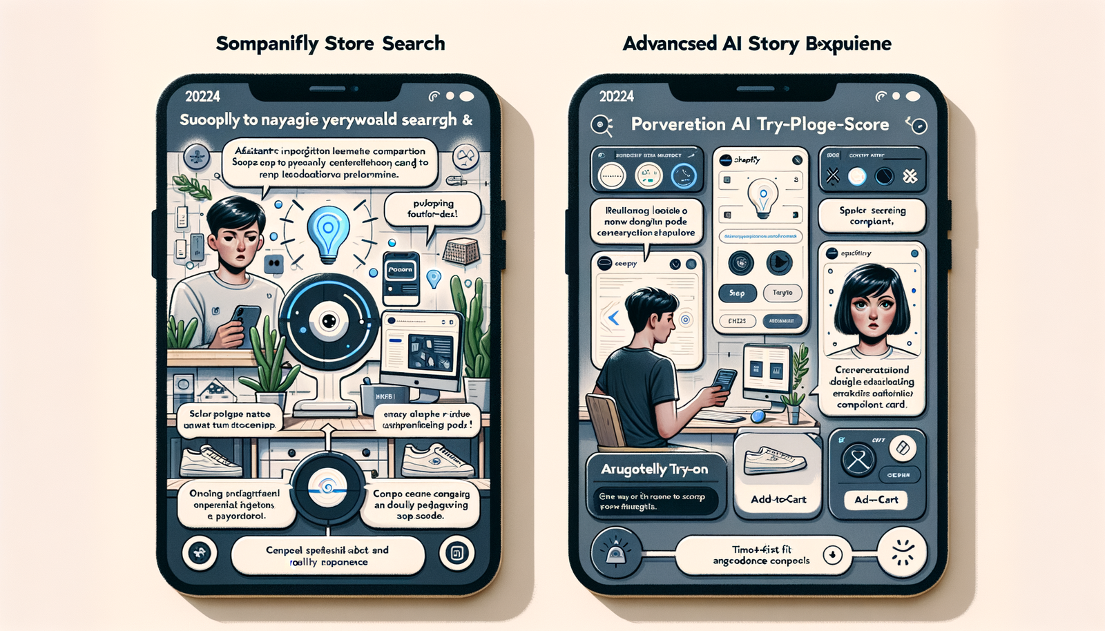 Storyboard: 2024 friction vs. 2026 agentic assistant on Shopify