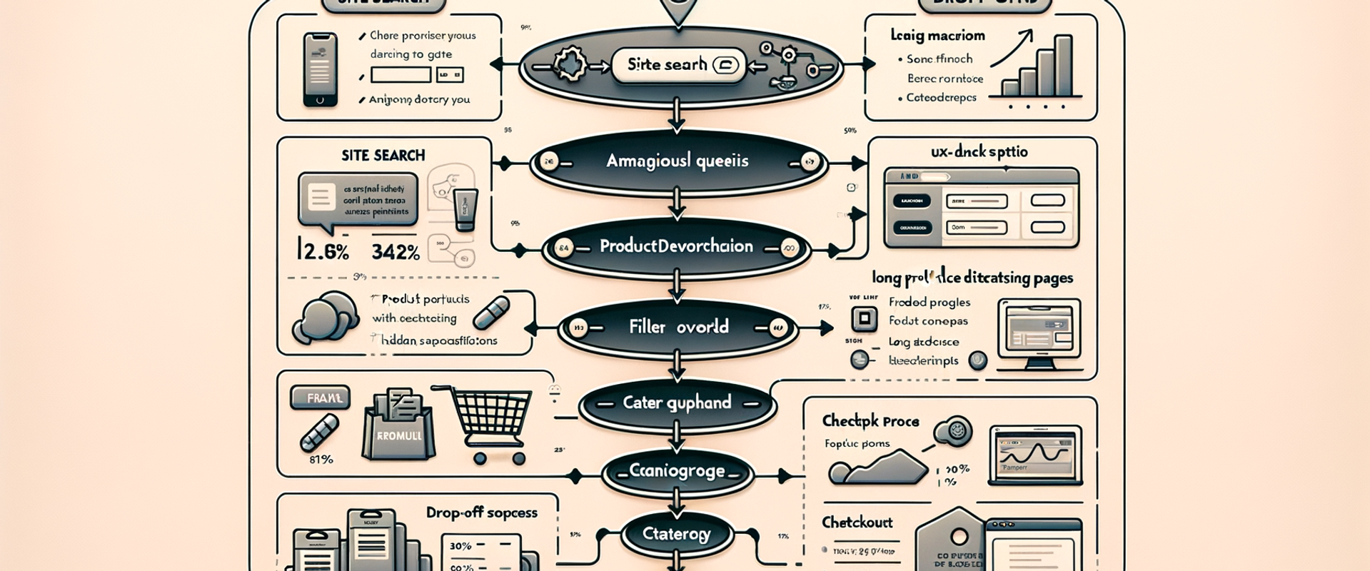 Diagram of a modern ecommerce funnel with labeled friction points and drop-off rates.
