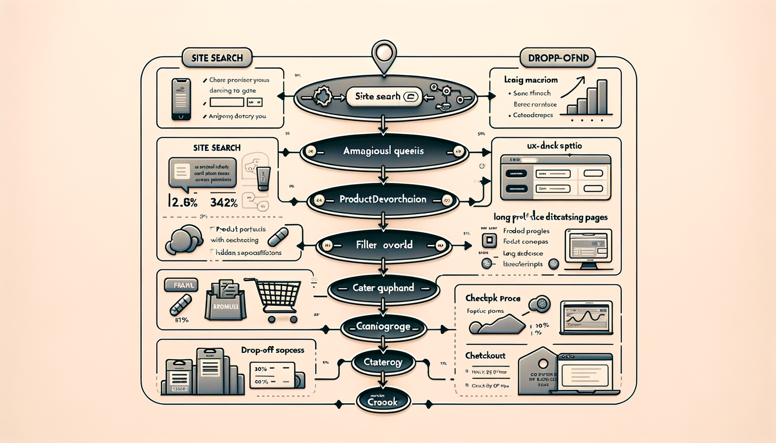 Diagram of a modern ecommerce funnel with labeled friction points and drop-off rates.