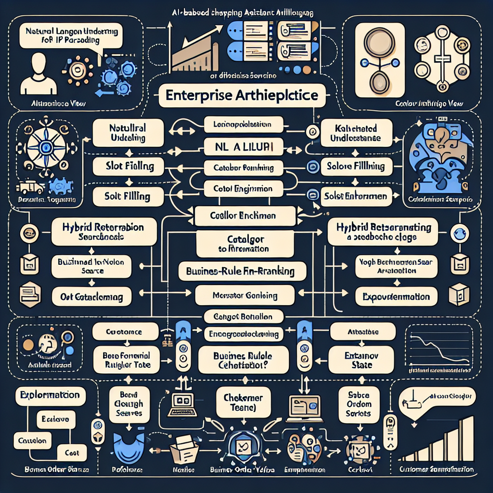 Architecture diagram of an AI shopping assistant pipeline from intent to checkout.