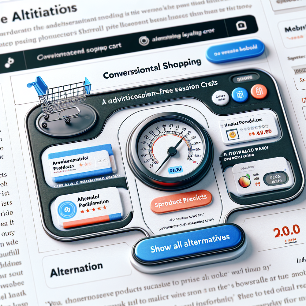 Publisher page with ad‑free pass, rewards, and sponsored-but-labeled alternatives inside a conversational cart widget.