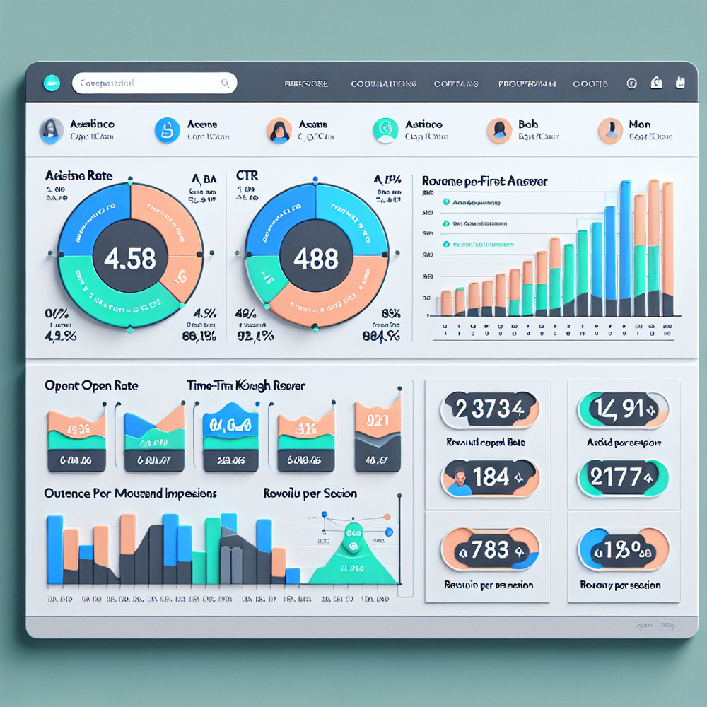 Analytics dashboard comparing assistant vs. control cohorts on CTR and RPM.