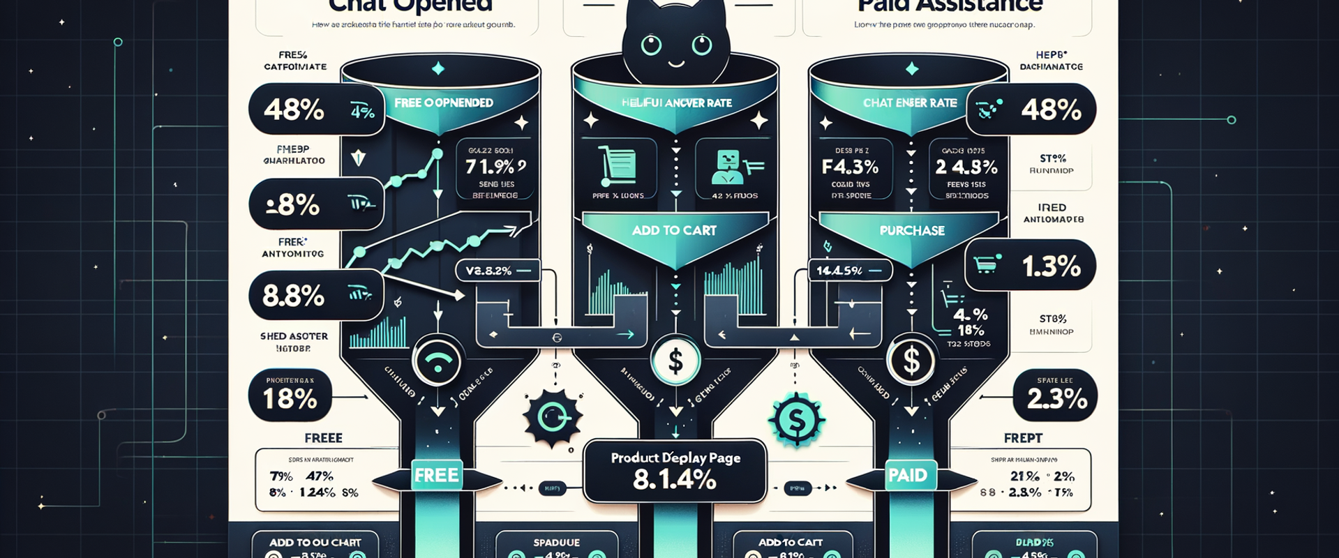 Analytics comparison of free chatbot versus paid shopping assistant across the conversion funnel.