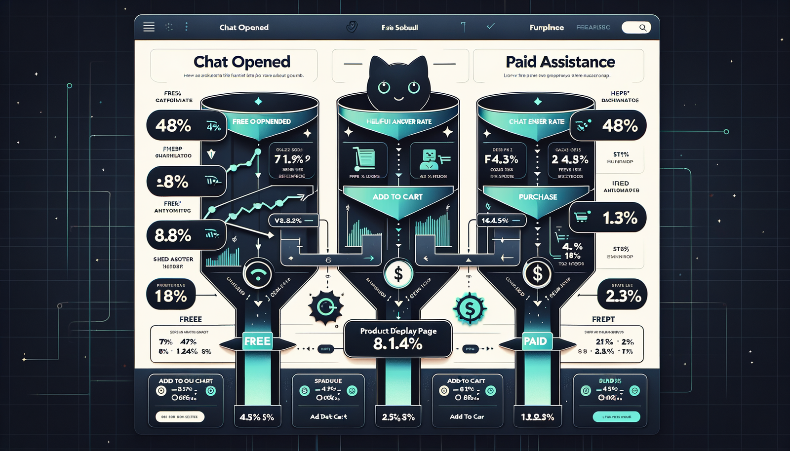 Analytics comparison of free chatbot versus paid shopping assistant across the conversion funnel.