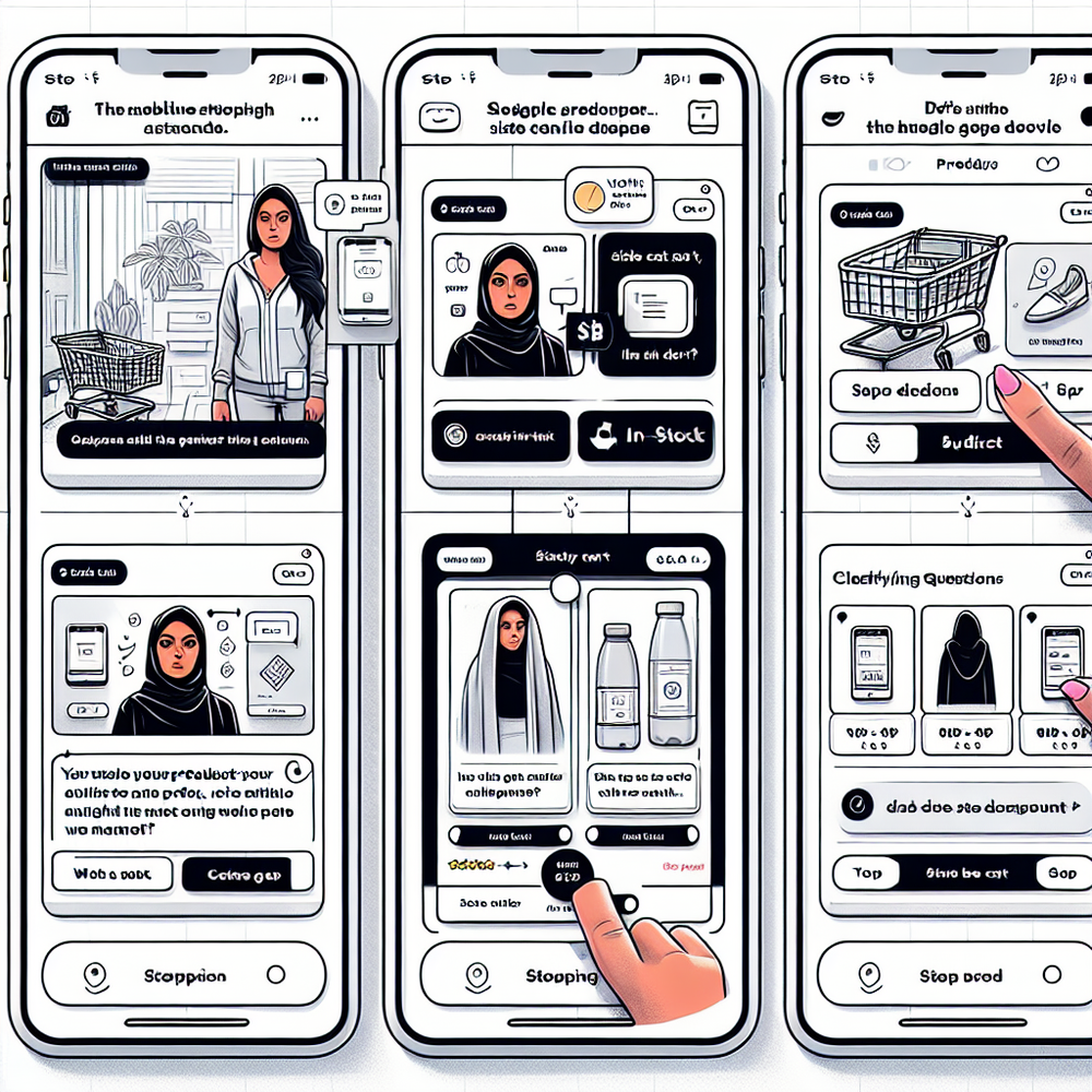 Storyboard of an agentic shopping flow from intent to cart with clarifying questions and comparisons.