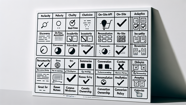 Comparison matrix of Perplexity, ChatGPT, and on‑site assistant capabilities in shopping journeys.