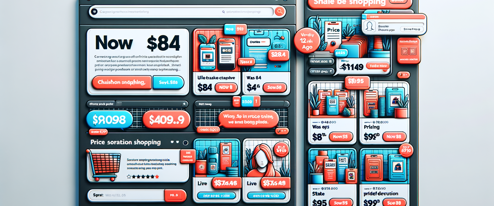 UI mockup of conversational panel and product cards highlighting a real-time price change with a verification timestamp.
