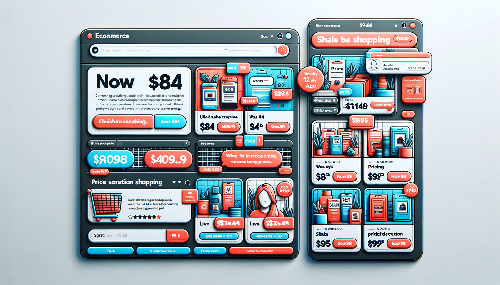 UI mockup of conversational panel and product cards highlighting a real-time price change with a verification timestamp.