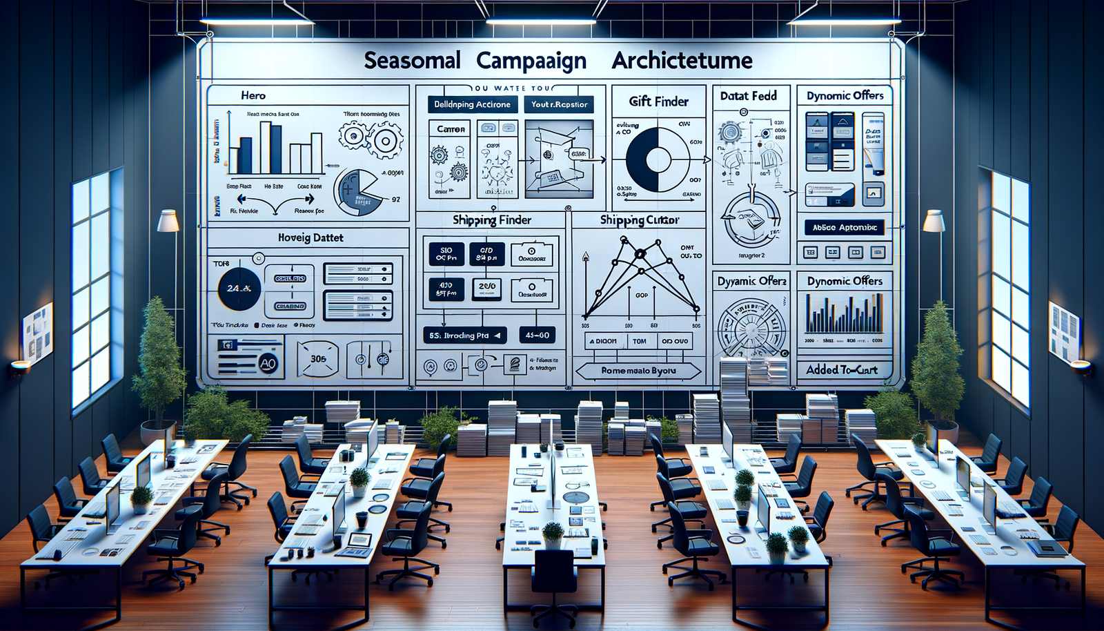 Diagram of a seasonal campaign architecture with dynamic modules and KPIs.