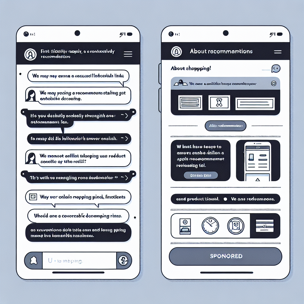 Mockup showing inline affiliate notice, About link, and Sponsored label in a conversational shopping UI.