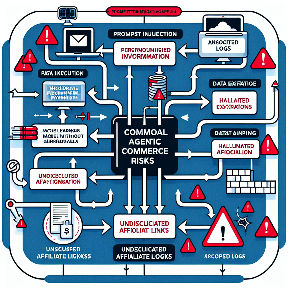 Diagram of typical agentic commerce risk points: injection, leakage, undisclosed links, unscoped actions.