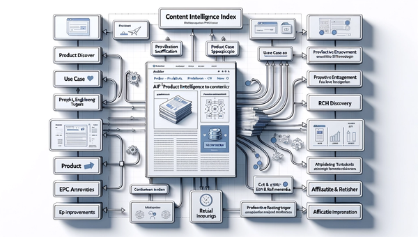Diagram of Brambles.ai indexing content, triggering shopping experiences, and routing to merchants with KPIs overlay.