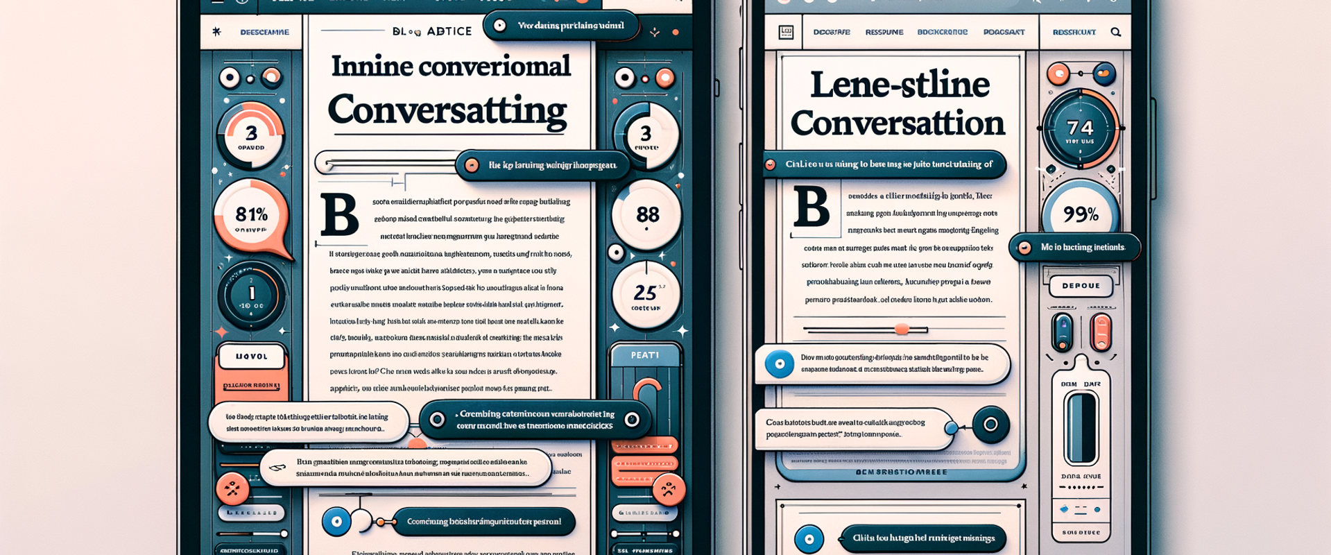 Side-by-side visualization of a generic banner CTA vs an inline conversational CTA with annotated engagement metrics.