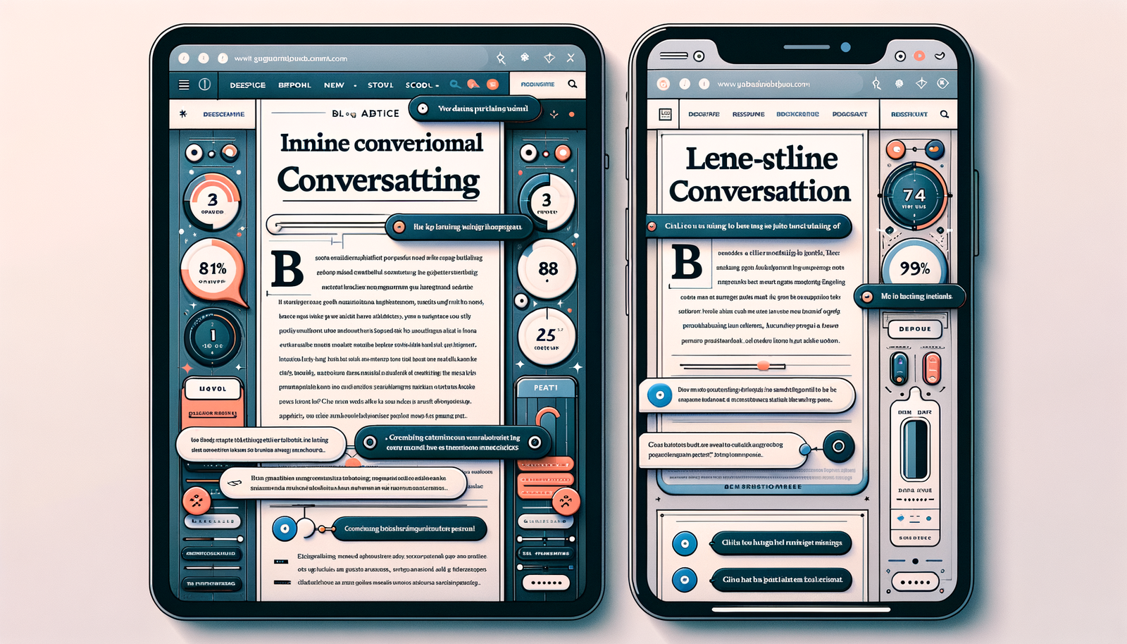 Side-by-side visualization of a generic banner CTA vs an inline conversational CTA with annotated engagement metrics.