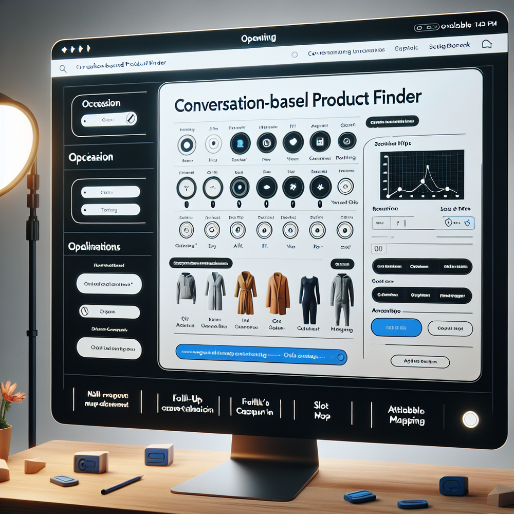 Storyboard showing a guided conversation capturing intent slots and updating product results in real time.