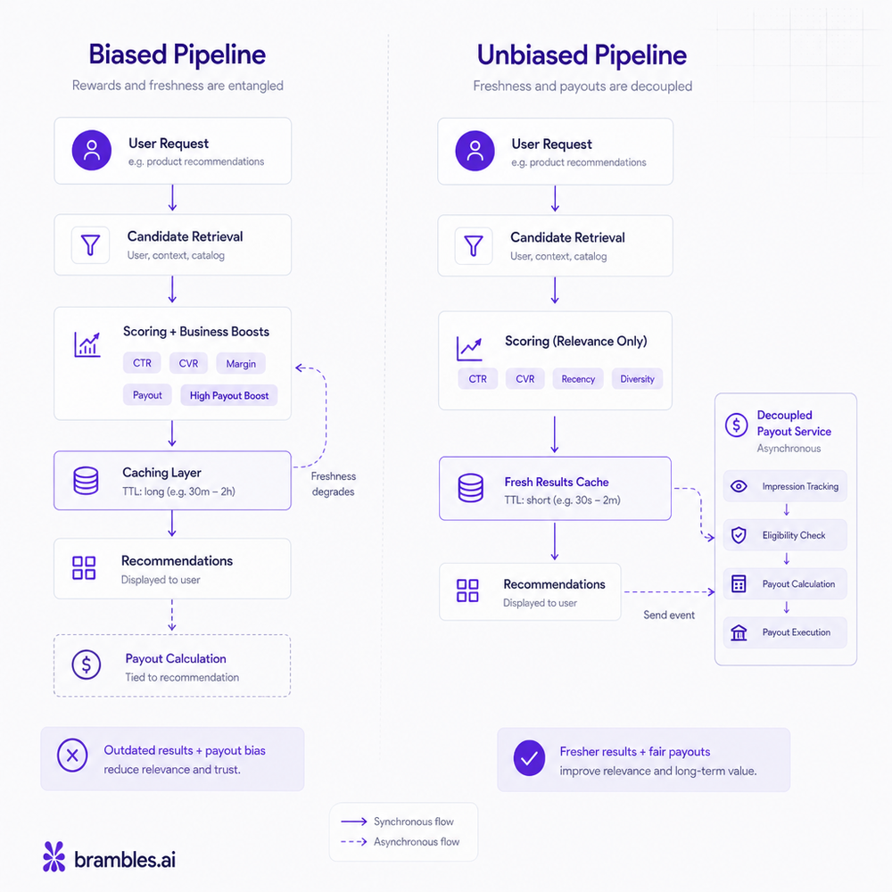 Side-by-side architecture diagram of biased vs unbiased recommendation pipelines, highlighting freshness, caching, and payout decoupling.