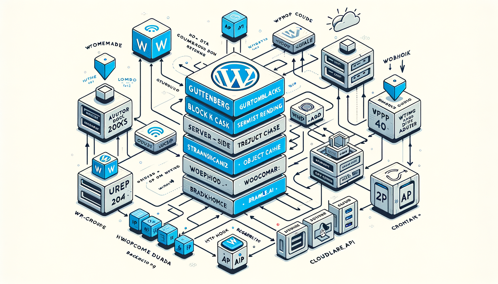 Architecture diagram of the Brambles.ai WordPress plugin across SSR, cache, CDN, and API data flows.