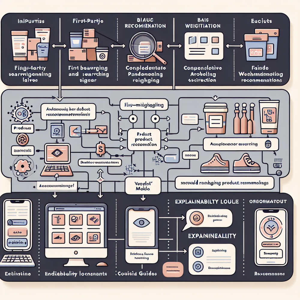 Diagram of AI shopping flow with bias mitigation and explainability modules.