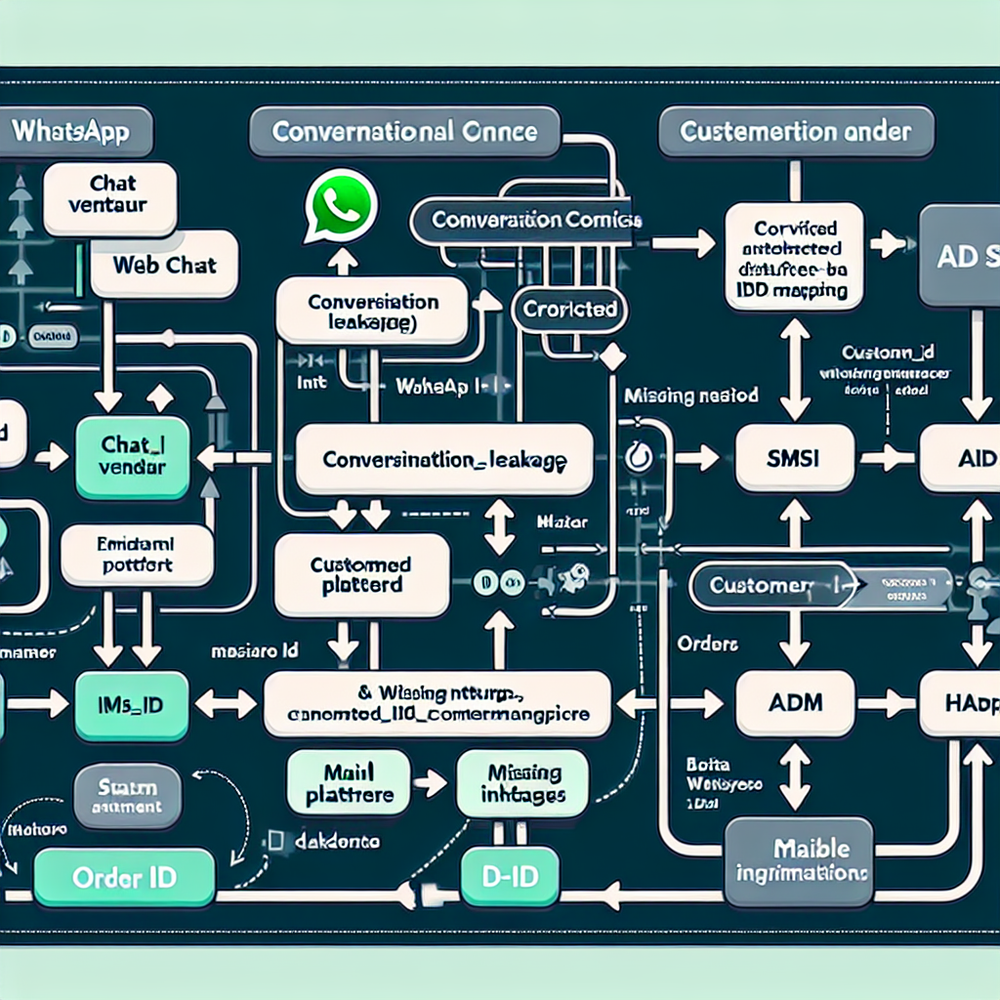 Diagram contrasting fragmented chat tracking with a unified event and ID architecture for conversational commerce analytics.