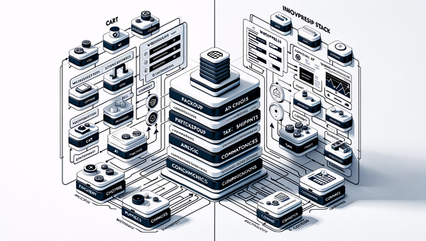 Diagram contrasting a multi-plugin checkout stack versus a unified Brambles.ai plugin + Commerce Module architecture.