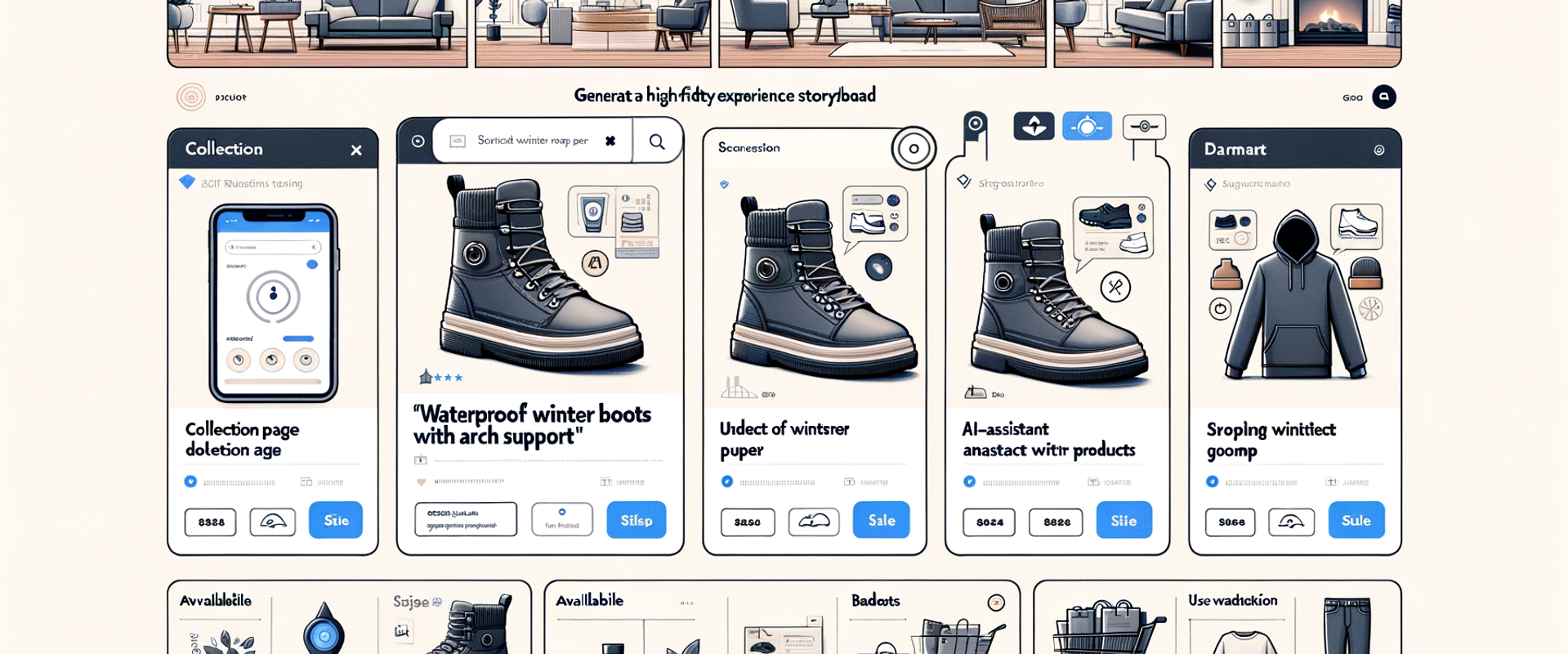 UX flow showing an AI assistant guiding a shopper from query to cart on a Shopify storefront.