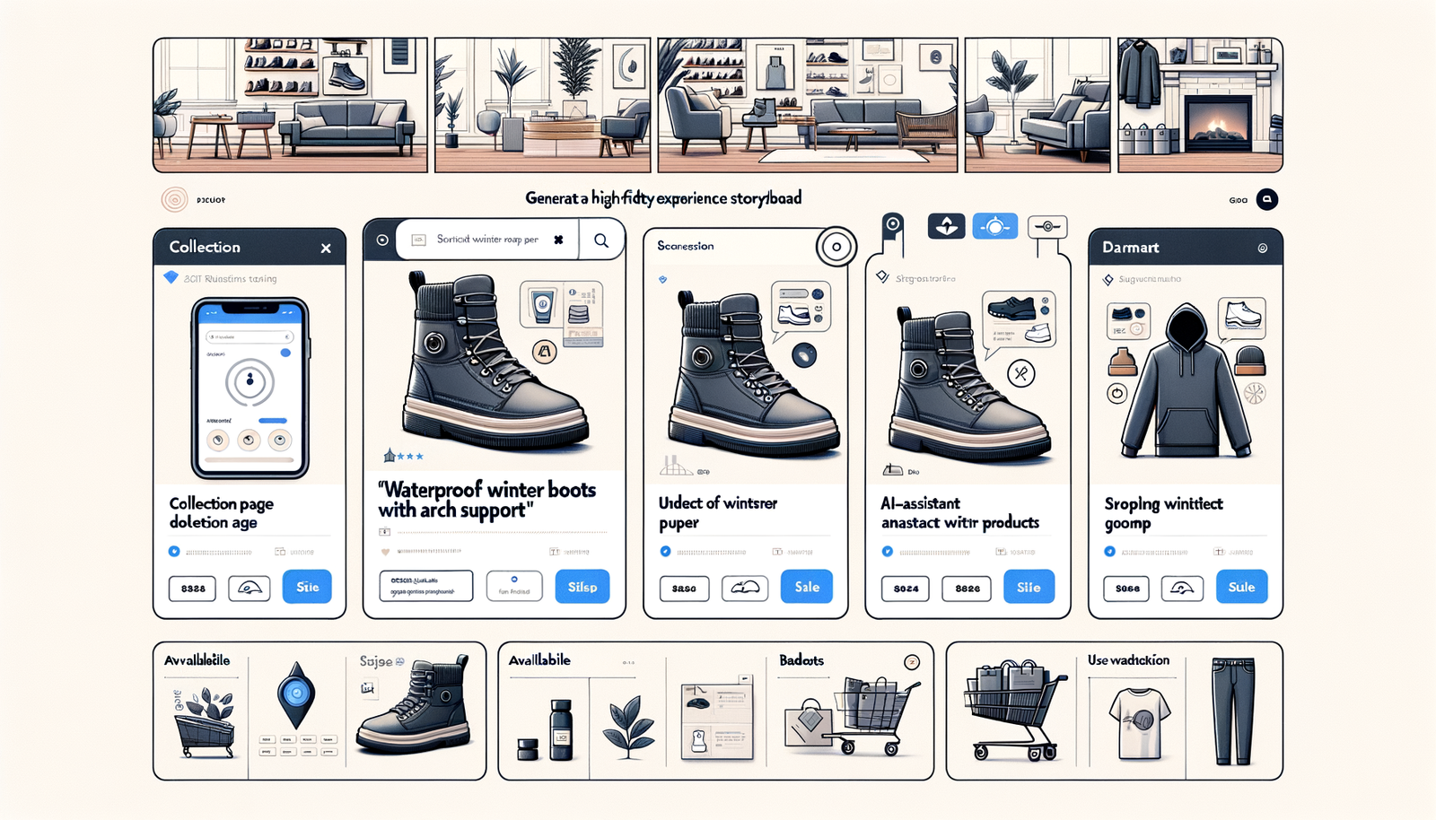 UX flow showing an AI assistant guiding a shopper from query to cart on a Shopify storefront.