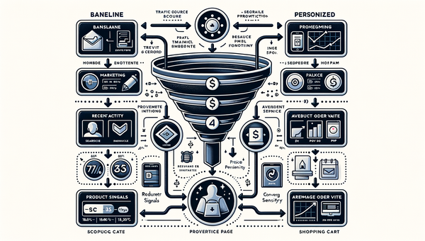 Diagram comparing baseline vs. personalized ecommerce funnel with key intent signals and metrics.