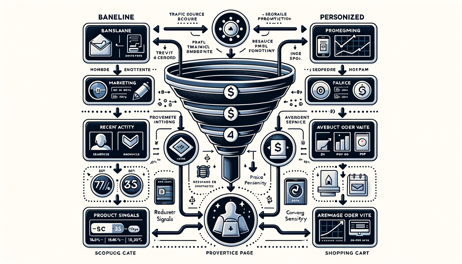 Diagram comparing baseline vs. personalized ecommerce funnel with key intent signals and metrics.