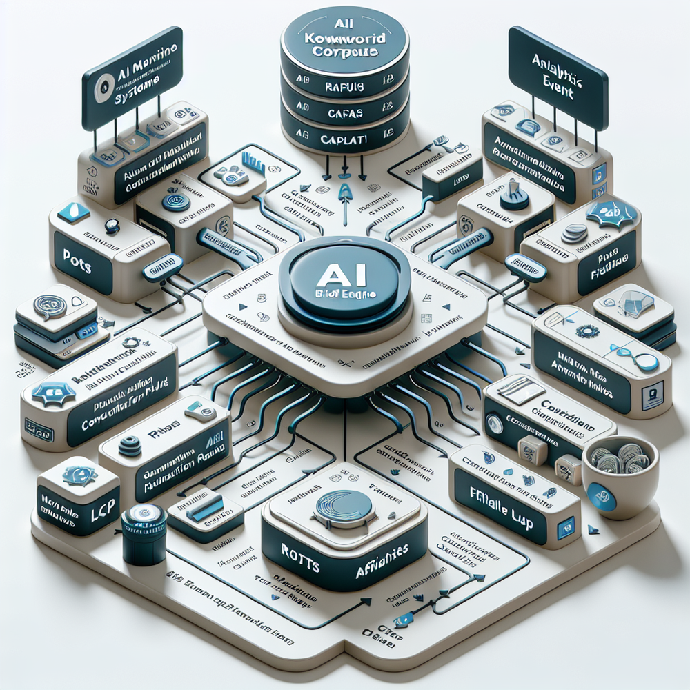 System diagram of an AI-driven blog monetization engine connecting keyword clusters, AI brief generation, programmatic components, and analytics feedback.