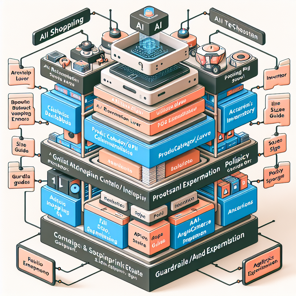 Architecture diagram: retrieval‑augmented AI assistant connected to catalog, content, guardrails, analytics, and ecommerce platform.