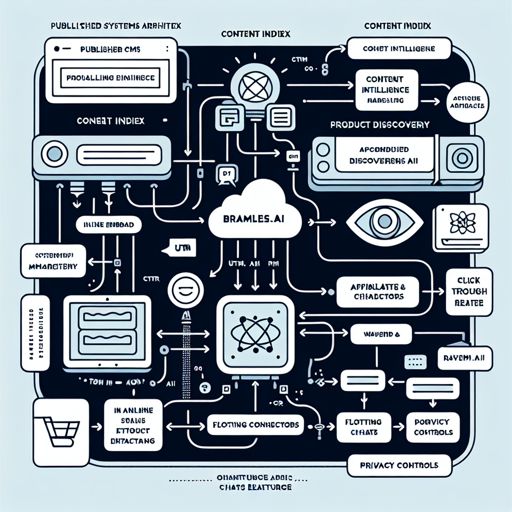 Architecture: CMS → Brambles.ai intelligence and embeds → affiliate-tracked clickouts to Etsy/Wayfair.