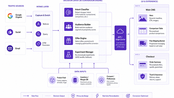 Architecture diagram of an AI decision layer between traffic, data, and the storefront.