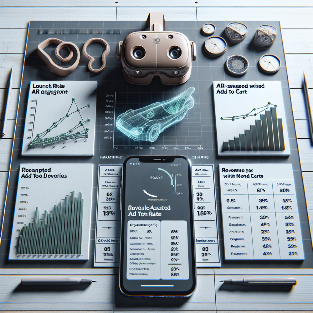 Analytics dashboard visualizing AR engagement, add-to-cart lift, revenue per session, and return-rate deltas by device.