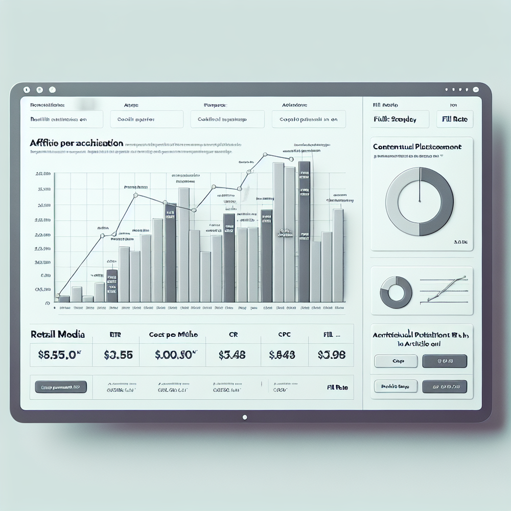Publisher revenue dashboard comparing affiliate CPA vs retail media CPC with RPM and CTR metrics.
