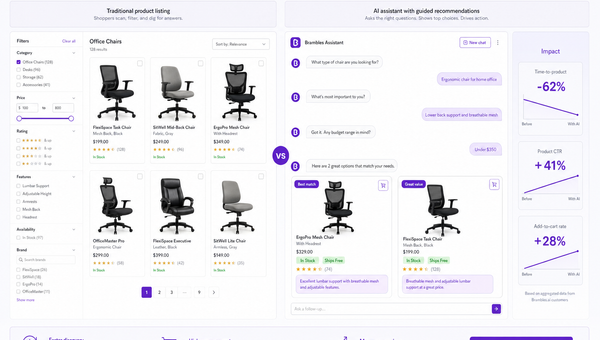 Visual comparison of a traditional SMB product grid versus an assistant-led shopping flow with clearer recommendations.