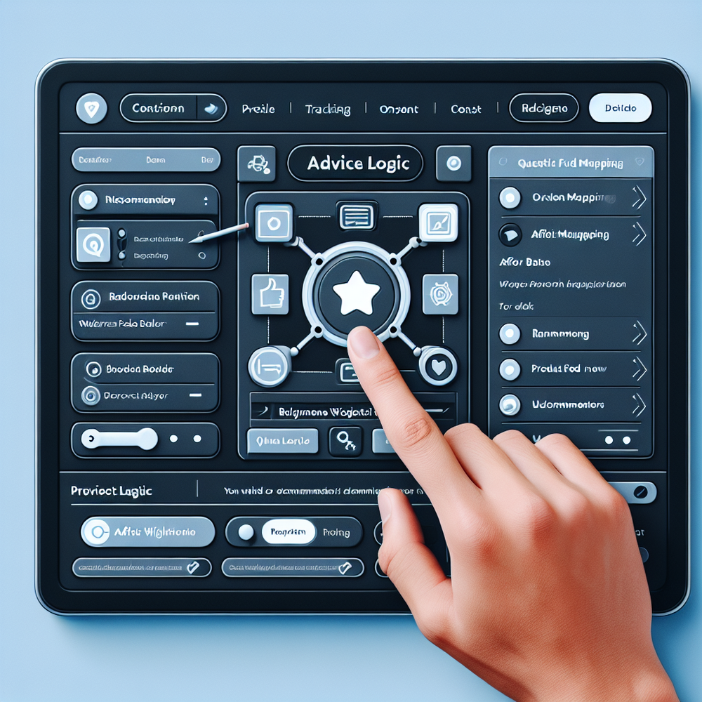 WordPress builder configuring an advice widget with logic, product mapping, and tracking toggles.