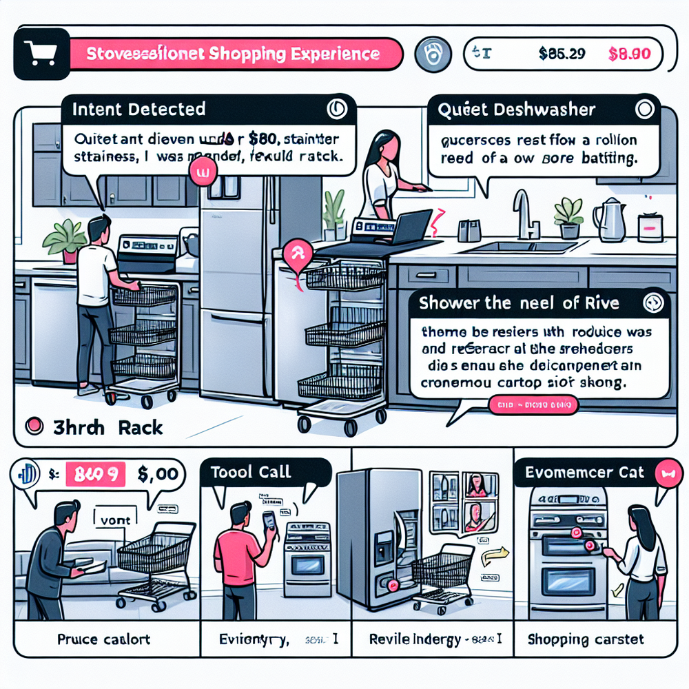 UX flow of a guided shopping agent clarifying needs, comparing SKUs, and building a cart with evidence.