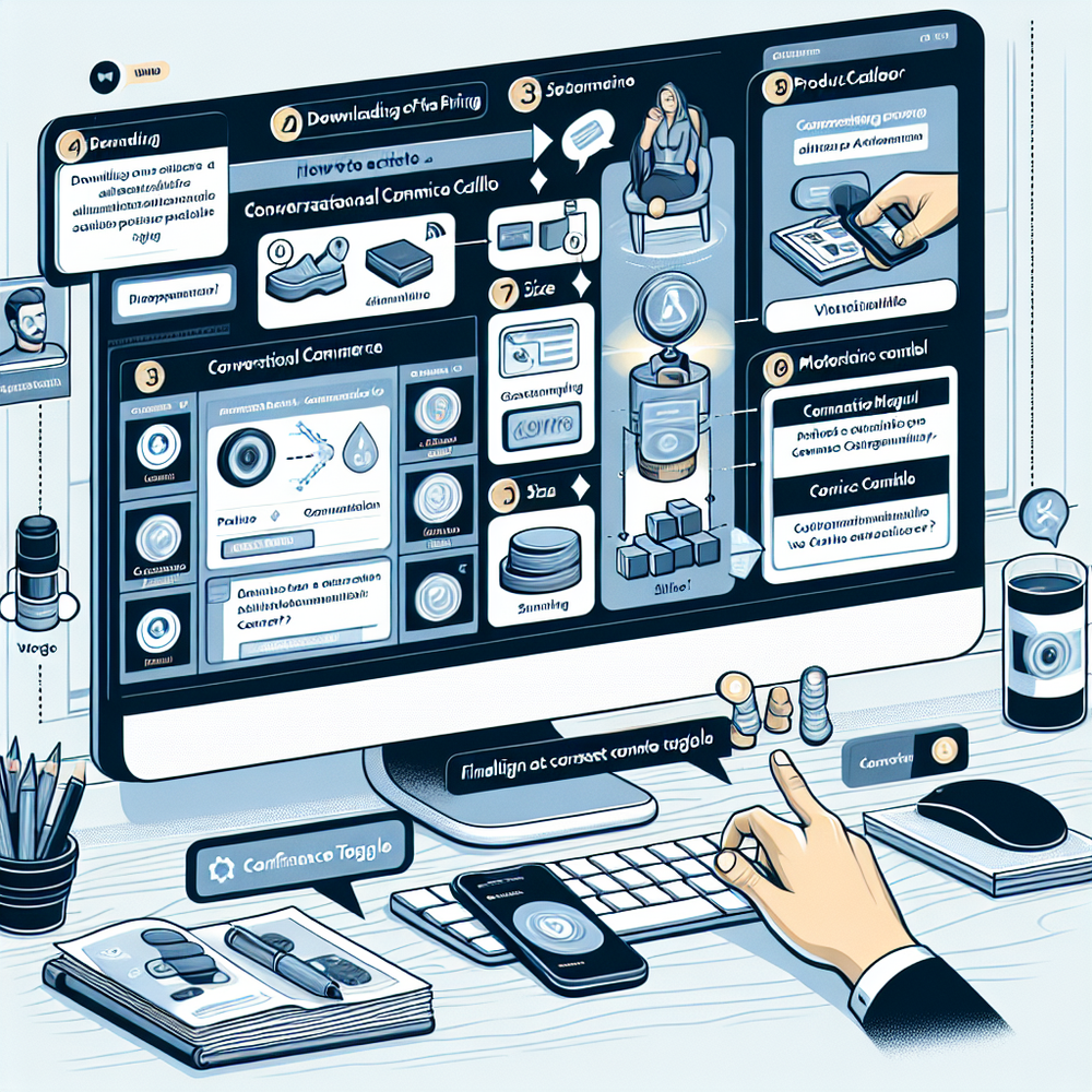 WordPress-style setup screens for installing and configuring a conversational commerce plugin with catalog and consent settings.