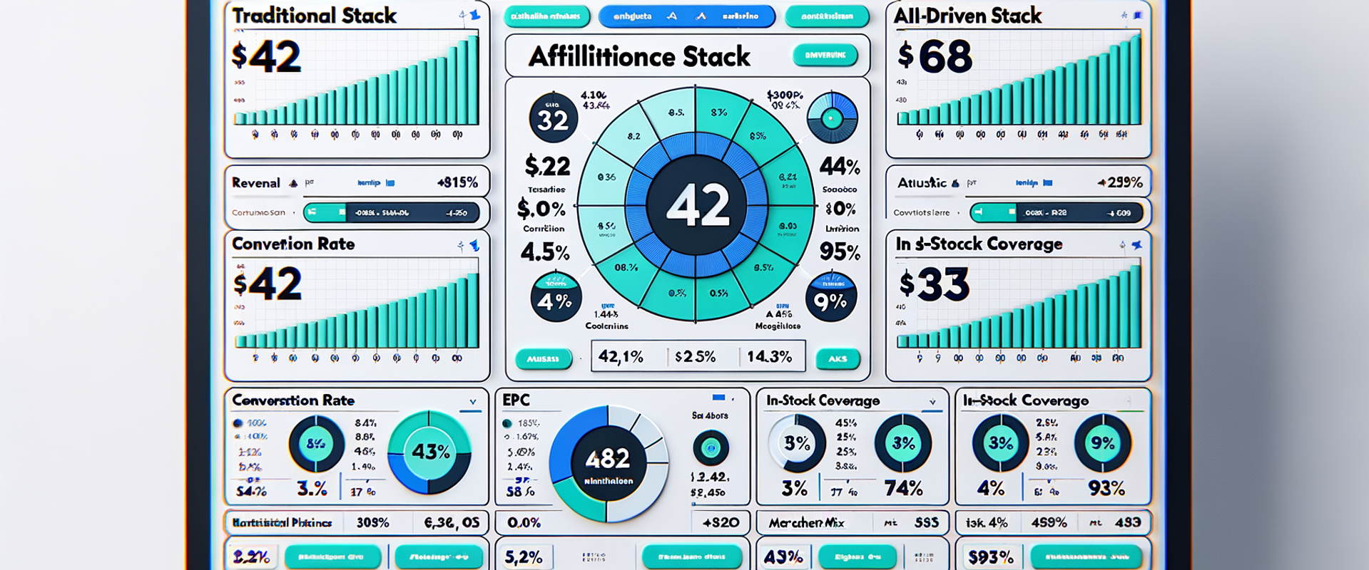 Side-by-side dashboard visualization comparing AI and traditional affiliate performance with revenue per 1,000 sessions, conversion rate, EPC, and latency.