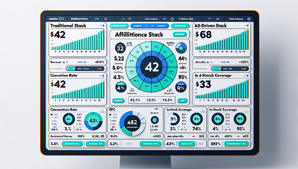 Side-by-side dashboard visualization comparing AI and traditional affiliate performance with revenue per 1,000 sessions, conversion rate, EPC, and latency.