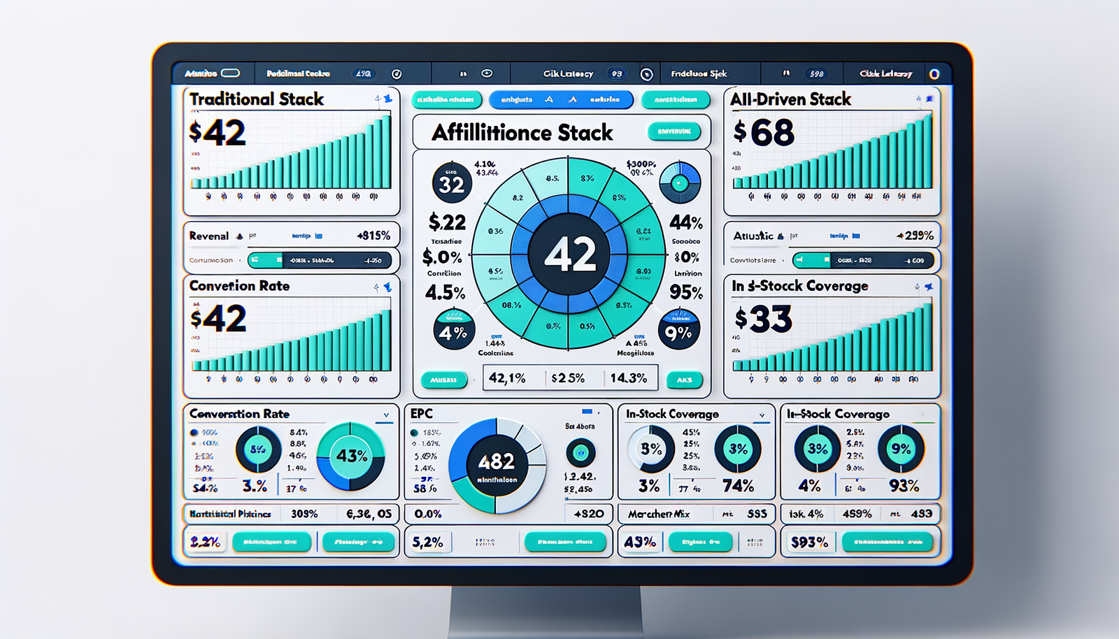 Side-by-side dashboard visualization comparing AI and traditional affiliate performance with revenue per 1,000 sessions, conversion rate, EPC, and latency.