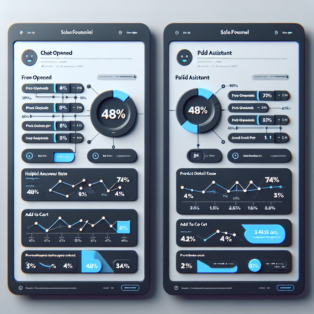 Analytics comparison of free chatbot versus paid shopping assistant across the conversion funnel.